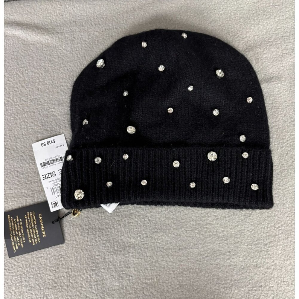Charter Club Womens Black Cashmere  Beanie Embellished  Rhinestones One Size NWT